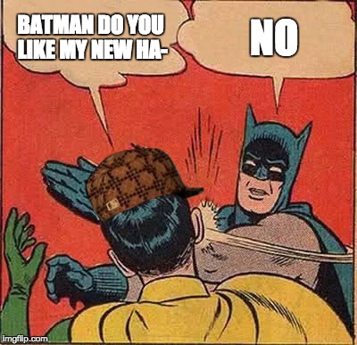 Batman Slapping Robin | BATMAN DO YOU LIKE MY NEW HA-; NO | image tagged in memes,batman slapping robin,scumbag | made w/ Imgflip meme maker