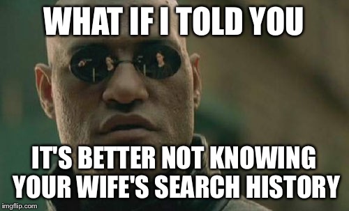 Matrix Morpheus Meme | WHAT IF I TOLD YOU IT'S BETTER NOT KNOWING YOUR WIFE'S SEARCH HISTORY | image tagged in memes,matrix morpheus | made w/ Imgflip meme maker