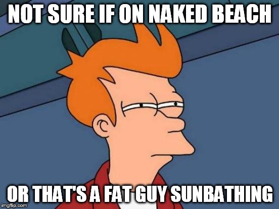 Futurama Fry | NOT SURE IF ON NAKED BEACH; OR THAT'S A FAT GUY SUNBATHING | image tagged in memes,futurama fry | made w/ Imgflip meme maker