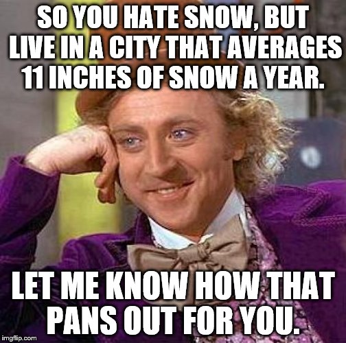 Y U No live some place warm. | SO YOU HATE SNOW, BUT LIVE IN A CITY THAT AVERAGES 11 INCHES OF SNOW A YEAR. LET ME KNOW HOW THAT PANS OUT FOR YOU. | image tagged in memes,creepy condescending wonka | made w/ Imgflip meme maker