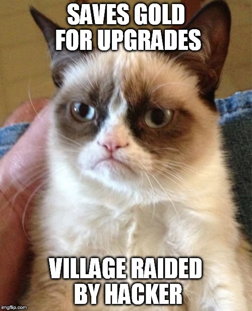 Grumpy Cat Meme | SAVES GOLD FOR UPGRADES; VILLAGE RAIDED BY HACKER | image tagged in memes,grumpy cat | made w/ Imgflip meme maker