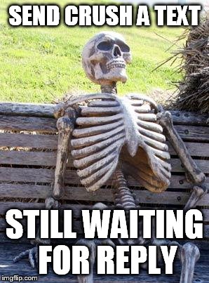 Waiting Skeleton | SEND CRUSH A TEXT; STILL WAITING FOR REPLY | image tagged in memes,waiting skeleton | made w/ Imgflip meme maker