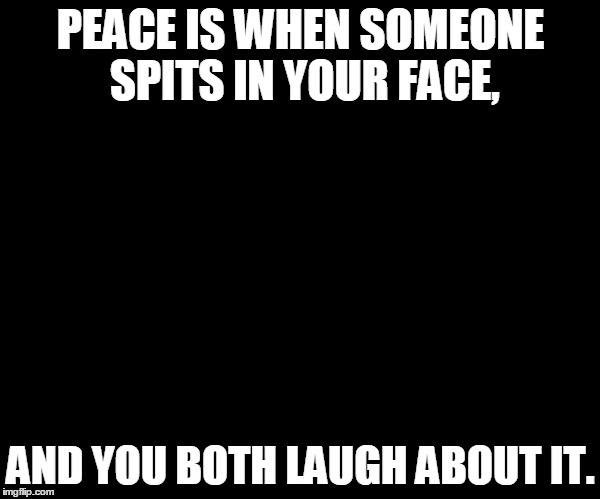 Laughing Guys | PEACE IS WHEN SOMEONE SPITS IN YOUR FACE, AND YOU BOTH LAUGH ABOUT IT. | image tagged in laughing guys | made w/ Imgflip meme maker