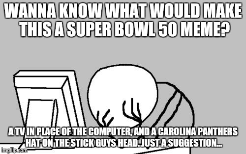 I actually congratulate cam and the panthers on a great year, though I joke on this one. | WANNA KNOW WHAT WOULD MAKE THIS A SUPER BOWL 50 MEME? A TV IN PLACE OF THE COMPUTER, AND A CAROLINA PANTHERS HAT ON THE STICK GUYS HEAD. JUST A SUGGESTION... | image tagged in memes,computer guy facepalm | made w/ Imgflip meme maker
