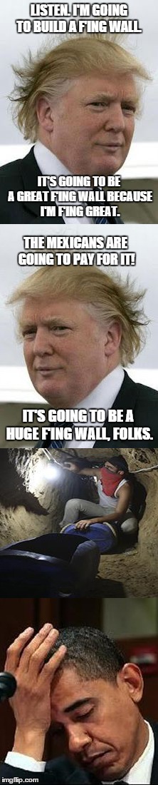 Trump's Fing wall | LISTEN. I'M GOING TO BUILD A F'ING WALL. IT'S GOING TO BE A GREAT F'ING WALL BECAUSE I'M F'ING GREAT. THE MEXICANS ARE GOING TO PAY FOR IT! IT'S GOING TO BE A HUGE F'ING WALL, FOLKS. | image tagged in donald trump,wall,mexico border,mexico | made w/ Imgflip meme maker