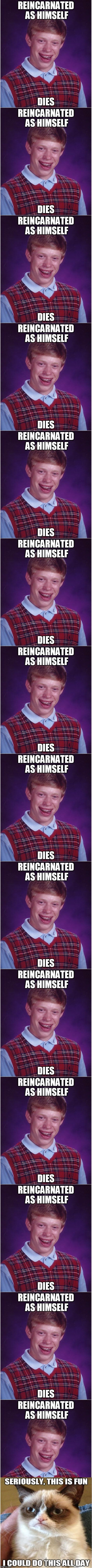 LYNCH1979 you inspired this.  thanks! | SUCKERS, THAT WAS A LONG ONE WASN'T IT? | image tagged in memes,bad luck brian,reincarnation,grumpy cat | made w/ Imgflip meme maker