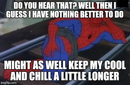 Sexy Railroad Spiderman Meme | DO YOU HEAR THAT? WELL THEN I GUESS I HAVE NOTHING BETTER TO DO; MIGHT AS WELL KEEP MY COOL AND CHILL A LITTLE LONGER | image tagged in memes,sexy railroad spiderman,spiderman | made w/ Imgflip meme maker
