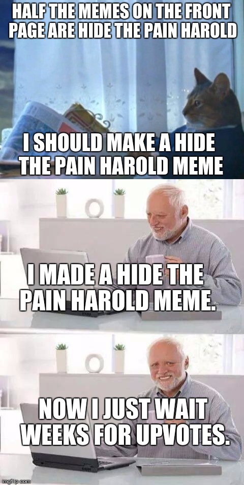 Someday | HALF THE MEMES ON THE FRONT PAGE ARE HIDE THE PAIN HAROLD; I SHOULD MAKE A HIDE THE PAIN HAROLD MEME; I MADE A HIDE THE PAIN HAROLD MEME. NOW I JUST WAIT WEEKS FOR UPVOTES. | image tagged in i should buy a boat cat,front page,hide the pain harold | made w/ Imgflip meme maker