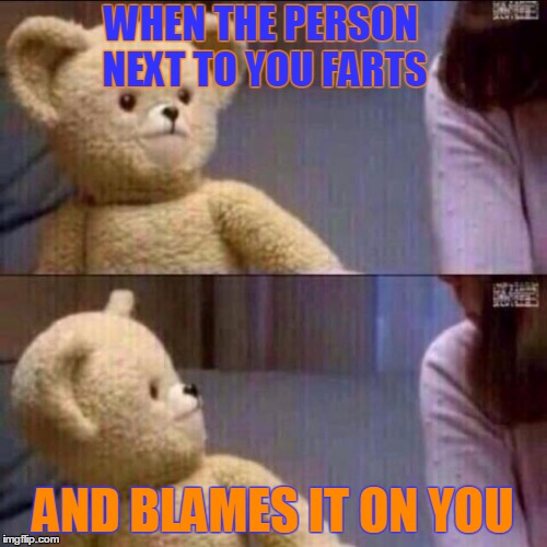 shocked bear | WHEN THE PERSON NEXT TO YOU FARTS; AND BLAMES IT ON YOU | image tagged in shocked bear | made w/ Imgflip meme maker