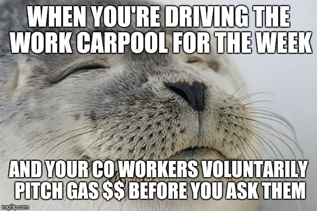 Satisfied Seal | WHEN YOU'RE DRIVING THE WORK CARPOOL FOR THE WEEK; AND YOUR CO WORKERS VOLUNTARILY PITCH GAS $$ BEFORE YOU ASK THEM | image tagged in memes,satisfied seal | made w/ Imgflip meme maker