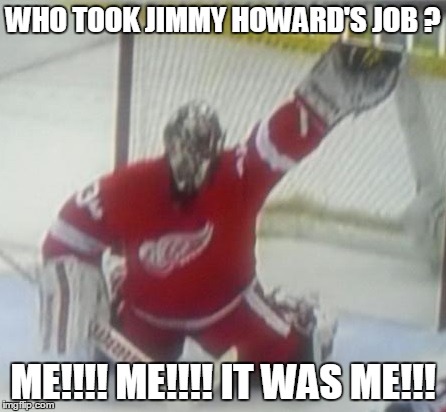 he took his jerb! | WHO TOOK JIMMY HOWARD'S JOB ? ME!!!! ME!!!! IT WAS ME!!! | image tagged in petr mrazek,took,jimmy howard,job,nhl,detroit red wings | made w/ Imgflip meme maker