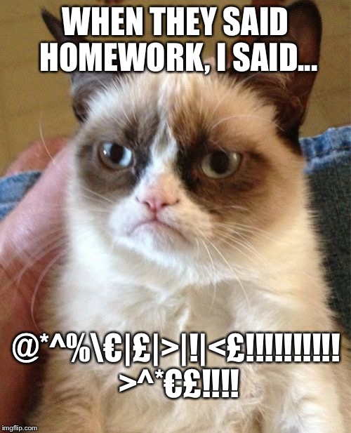 Grumpy Cat | WHEN THEY SAID HOMEWORK, I SAID... @*^%\€|£|>|!|<£!!!!!!!!!! >^*€£!!!! | image tagged in memes,grumpy cat | made w/ Imgflip meme maker