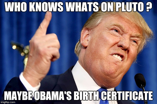 Donald Trump | WHO KNOWS WHATS ON PLUTO
? MAYBE OBAMA'S BIRTH CERTIFICATE | image tagged in donald trump | made w/ Imgflip meme maker