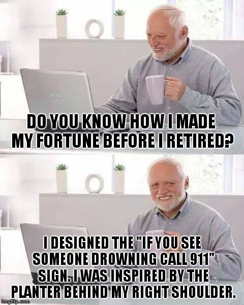When you see the image, you'll know that you spend too much time on this site! | DO YOU KNOW HOW I MADE MY FORTUNE BEFORE I RETIRED? I DESIGNED THE "IF YOU SEE SOMEONE DROWNING CALL 911" SIGN. I WAS INSPIRED BY THE PLANTER BEHIND MY RIGHT SHOULDER. | image tagged in memes,hide the pain harold | made w/ Imgflip meme maker