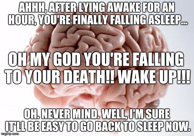 Damn you, hypnic jerks... | AHHH, AFTER LYING AWAKE FOR AN HOUR, YOU'RE FINALLY FALLING ASLEEP... OH MY GOD YOU'RE FALLING TO YOUR DEATH!! WAKE UP!!! OH. NEVER MIND. WELL, I'M SURE IT'LL BE EASY TO GO BACK TO SLEEP NOW. | image tagged in scumbag brain,sleep | made w/ Imgflip meme maker