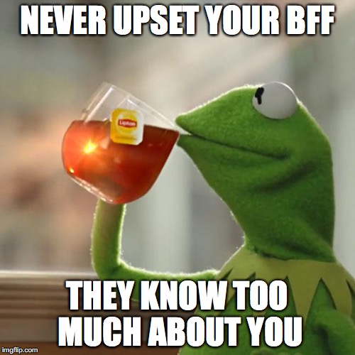 But That's None Of My Business Meme | NEVER UPSET YOUR BFF; THEY KNOW TOO MUCH ABOUT YOU | image tagged in memes,but thats none of my business,kermit the frog | made w/ Imgflip meme maker