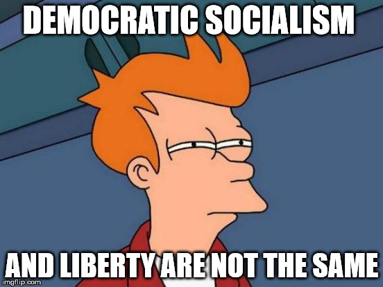 Futurama Fry | DEMOCRATIC SOCIALISM; AND LIBERTY ARE NOT THE SAME | image tagged in memes,futurama fry | made w/ Imgflip meme maker