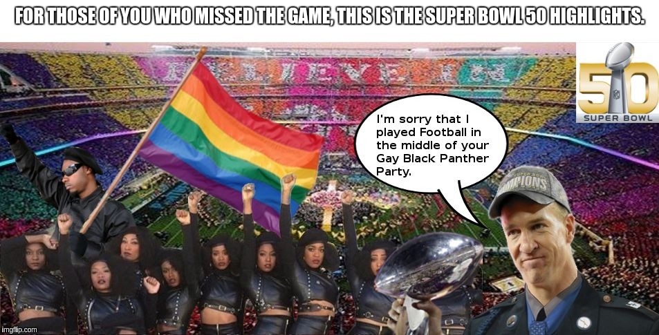 Super Bowl 50... in a nutshell. | FOR THOSE OF YOU WHO MISSED THE GAME, THIS IS THE SUPER BOWL 50 HIGHLIGHTS. | image tagged in super bowl 50,peyton manning,black panther,black lives matter,gay pride | made w/ Imgflip meme maker