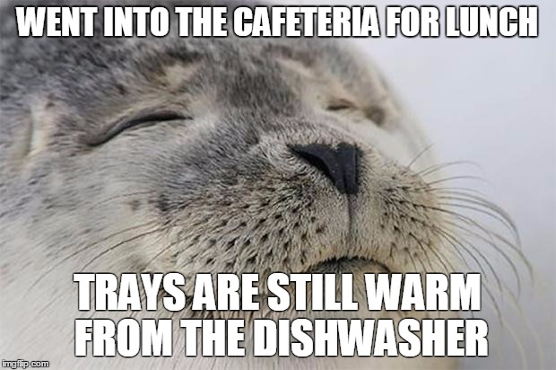 Satisfied Seal | WENT INTO THE CAFETERIA FOR LUNCH; TRAYS ARE STILL WARM FROM THE DISHWASHER | image tagged in memes,satisfied seal,AdviceAnimals | made w/ Imgflip meme maker