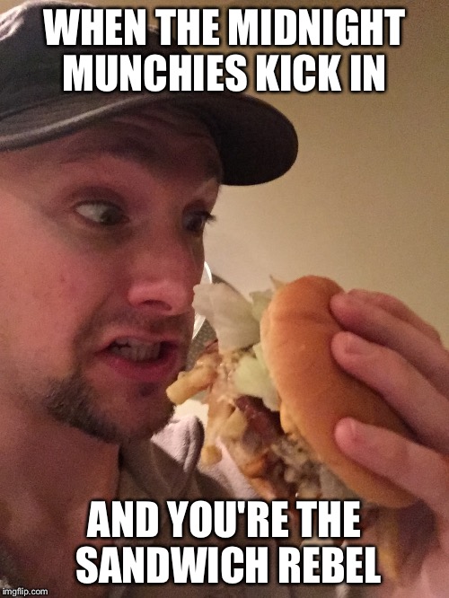WHEN THE MIDNIGHT MUNCHIES KICK IN; AND YOU'RE THE SANDWICH REBEL | image tagged in midnight munchies sandwich rebel | made w/ Imgflip meme maker