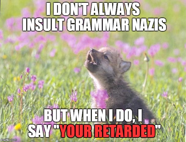They better watch out |  I DON'T ALWAYS INSULT GRAMMAR NAZIS; BUT WHEN I DO, I SAY "YOUR RETARDED"; YOUR RETARDED | image tagged in memes,baby insanity wolf,grammar nazi,insult | made w/ Imgflip meme maker
