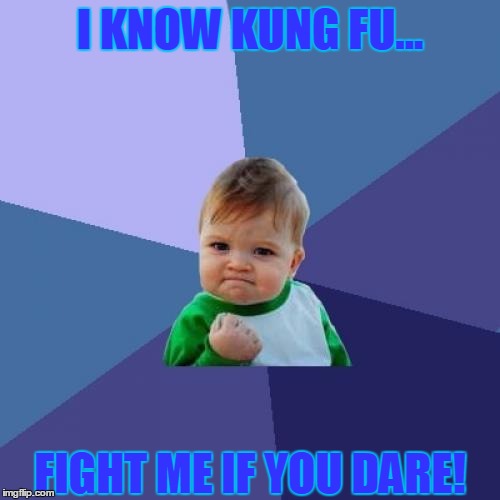 Success Kid | I KNOW KUNG FU... FIGHT ME IF YOU DARE! | image tagged in memes,success kid | made w/ Imgflip meme maker