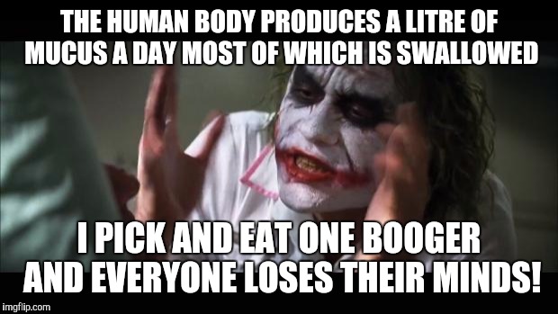 Booger lose minds | THE HUMAN BODY PRODUCES A LITRE OF MUCUS A DAY MOST OF WHICH IS SWALLOWED; I PICK AND EAT ONE BOOGER AND EVERYONE LOSES THEIR MINDS! | image tagged in memes,and everybody loses their minds,booger | made w/ Imgflip meme maker