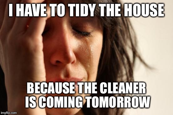 First World Problems Meme | I HAVE TO TIDY THE HOUSE; BECAUSE THE CLEANER IS COMING TOMORROW | image tagged in memes,first world problems,AdviceAnimals | made w/ Imgflip meme maker