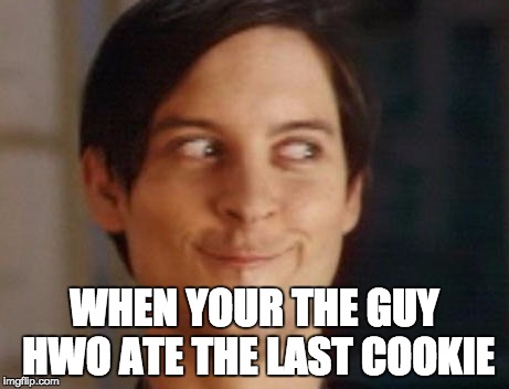 Spiderman Peter Parker Meme | WHEN YOUR THE GUY HWO ATE THE LAST COOKIE | image tagged in memes,spiderman peter parker | made w/ Imgflip meme maker