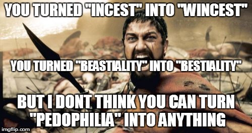 My Word to The Internet | YOU TURNED "INCEST" INTO "WINCEST"; YOU TURNED "BEASTIALITY" INTO "BESTIALITY"; BUT I DONT THINK YOU CAN TURN "PEDOPHILIA" INTO ANYTHING | image tagged in memes,sparta leonidas | made w/ Imgflip meme maker