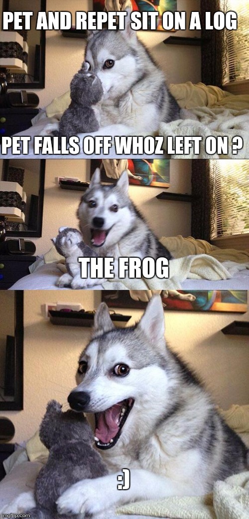 Bad Pun Dog | PET AND REPET SIT ON A LOG; PET FALLS OFF WHOZ LEFT ON ? THE FROG; :) | image tagged in memes,bad pun dog | made w/ Imgflip meme maker
