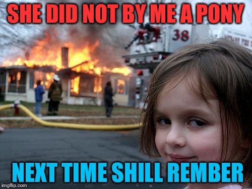 Disaster Girl | SHE DID NOT BY ME A PONY; NEXT TIME SHILL REMBER | image tagged in memes,disaster girl | made w/ Imgflip meme maker