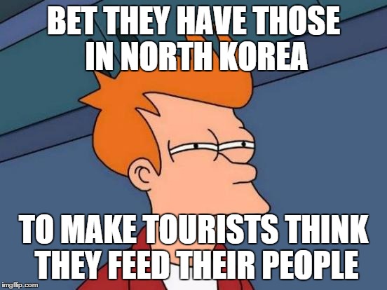 Futurama Fry Meme | BET THEY HAVE THOSE IN NORTH KOREA TO MAKE TOURISTS THINK THEY FEED THEIR PEOPLE | image tagged in memes,futurama fry | made w/ Imgflip meme maker