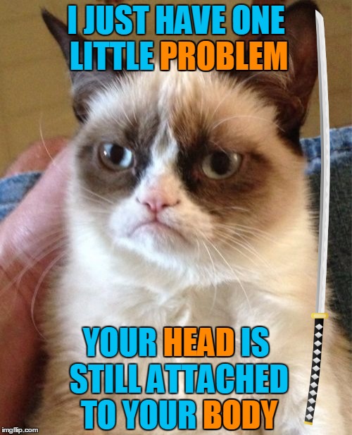 Problem solver |  I JUST HAVE ONE LITTLE PROBLEM; PROBLEM; YOUR HEAD IS STILL ATTACHED TO YOUR BODY; HEAD; BODY | image tagged in memes,grumpy cat,samurai sword,katana,maim,problems | made w/ Imgflip meme maker