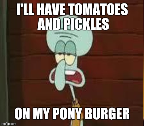 I'LL HAVE TOMATOES AND PICKLES ON MY PONY BURGER | made w/ Imgflip meme maker