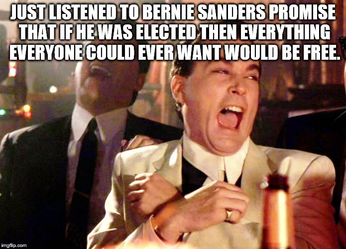 Good Fellas Hilarious | JUST LISTENED TO BERNIE SANDERS PROMISE THAT IF HE WAS ELECTED THEN EVERYTHING EVERYONE COULD EVER WANT WOULD BE FREE. | image tagged in memes,good fellas hilarious | made w/ Imgflip meme maker