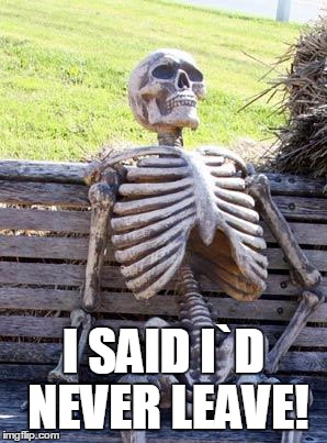 Waiting Skeleton | I SAID I`D NEVER LEAVE! | image tagged in memes,waiting skeleton | made w/ Imgflip meme maker