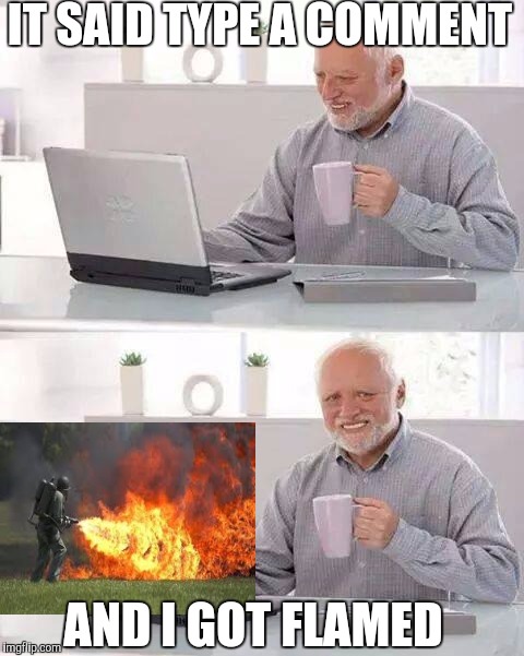 Hide the flames Harold | IT SAID TYPE A COMMENT; AND I GOT FLAMED | image tagged in memes,hide the pain harold,trolls,flame war,funny memes | made w/ Imgflip meme maker