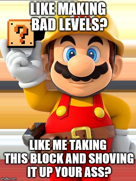 LIKE MAKING BAD LEVELS? LIKE ME TAKING THIS BLOCK AND SHOVING IT UP YOUR ASS? | image tagged in mariomaker | made w/ Imgflip meme maker