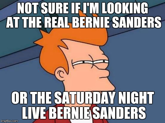 Futurama Fry | NOT SURE IF I'M LOOKING AT THE REAL BERNIE SANDERS; OR THE SATURDAY NIGHT LIVE BERNIE SANDERS | image tagged in memes,futurama fry | made w/ Imgflip meme maker