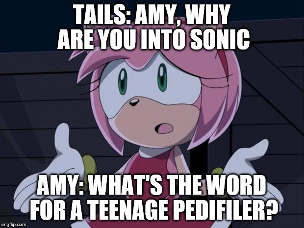 But Sonic! | TAILS: AMY, WHY ARE YOU INTO SONIC; AMY: WHAT'S THE WORD FOR A TEENAGE PEDIFILER? | image tagged in but sonic | made w/ Imgflip meme maker