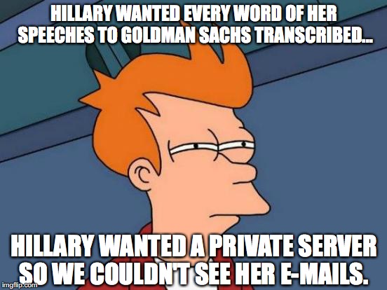 Futurama Fry Meme | HILLARY WANTED EVERY WORD OF HER SPEECHES TO GOLDMAN SACHS TRANSCRIBED... HILLARY WANTED A PRIVATE SERVER SO WE COULDN'T SEE HER E-MAILS. | image tagged in memes,futurama fry | made w/ Imgflip meme maker