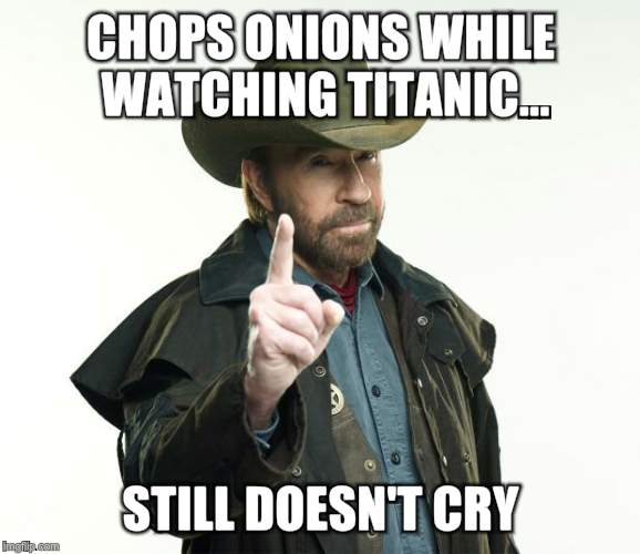 Chuck Norris Finger | CHOPS ONIONS WHILE WATCHING TITANIC... STILL DOESN'T CRY | image tagged in chuck norris | made w/ Imgflip meme maker