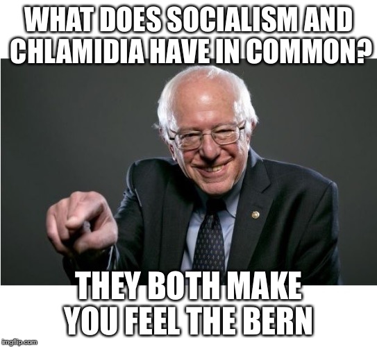 Bernie Sanders | WHAT DOES SOCIALISM AND CHLAMIDIA HAVE IN COMMON? THEY BOTH MAKE YOU FEEL THE BERN | image tagged in bernie sanders | made w/ Imgflip meme maker