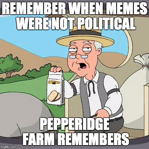 Pepperidge Farm Remembers | REMEMBER WHEN MEMES WERE NOT POLITICAL; PEPPERIDGE FARM REMEMBERS | image tagged in memes,pepperidge farm remembers | made w/ Imgflip meme maker