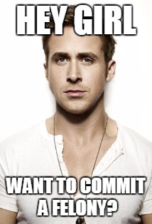 Ryan Gosling | HEY GIRL; WANT TO COMMIT A FELONY? | image tagged in memes,ryan gosling | made w/ Imgflip meme maker