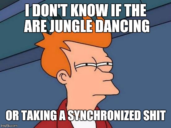 Futurama Fry Meme | I DON'T KNOW IF THE ARE JUNGLE DANCING OR TAKING A SYNCHRONIZED SHIT | image tagged in memes,futurama fry | made w/ Imgflip meme maker