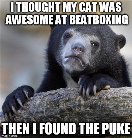 Confession Bear Meme | I THOUGHT MY CAT WAS AWESOME AT BEATBOXING; THEN I FOUND THE PUKE | image tagged in memes,confession bear | made w/ Imgflip meme maker