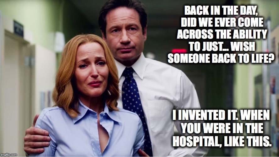WishingScullyBackToLife | BACK IN THE DAY, DID WE EVER COME ACROSS THE ABILITY TO JUST... WISH SOMEONE BACK TO LIFE? I INVENTED IT.
WHEN YOU WERE IN THE HOSPITAL, LIKE THIS. | image tagged in x-files | made w/ Imgflip meme maker