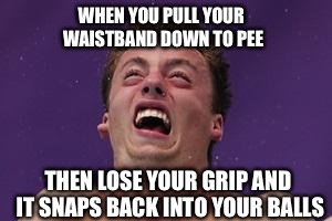 The Man Struggle is Real | WHEN YOU PULL YOUR WAISTBAND DOWN TO PEE; THEN LOSE YOUR GRIP AND IT SNAPS BACK INTO YOUR BALLS | image tagged in man in pain,hit in the balls | made w/ Imgflip meme maker